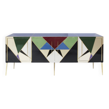 Mid-Century Style Italian Sideboard Made of Wood Brass and Colored Glass