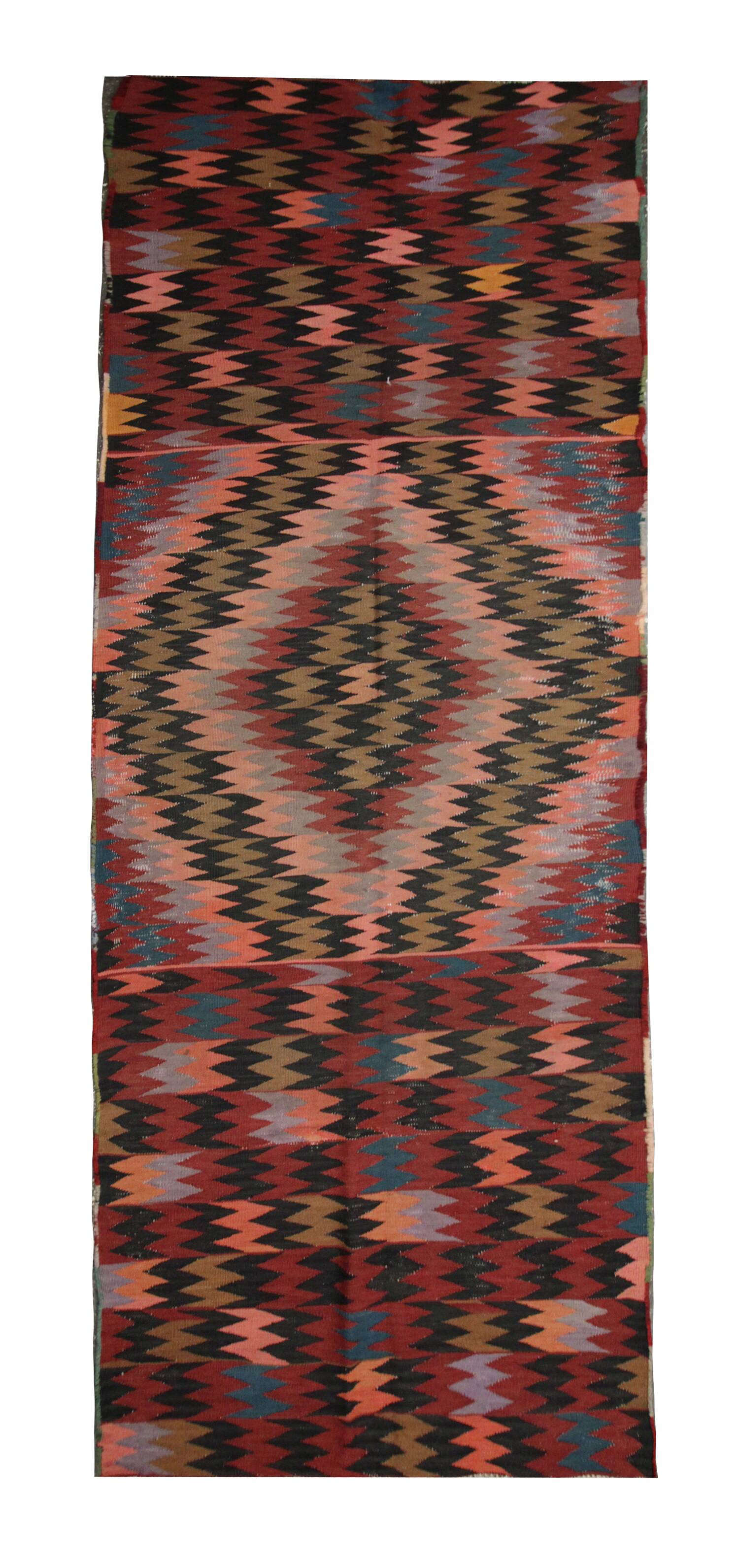 Zig-Zag Kilim Runner Rug, Vintage 1980s Wool Tribal Carpet 298 x 99 cm