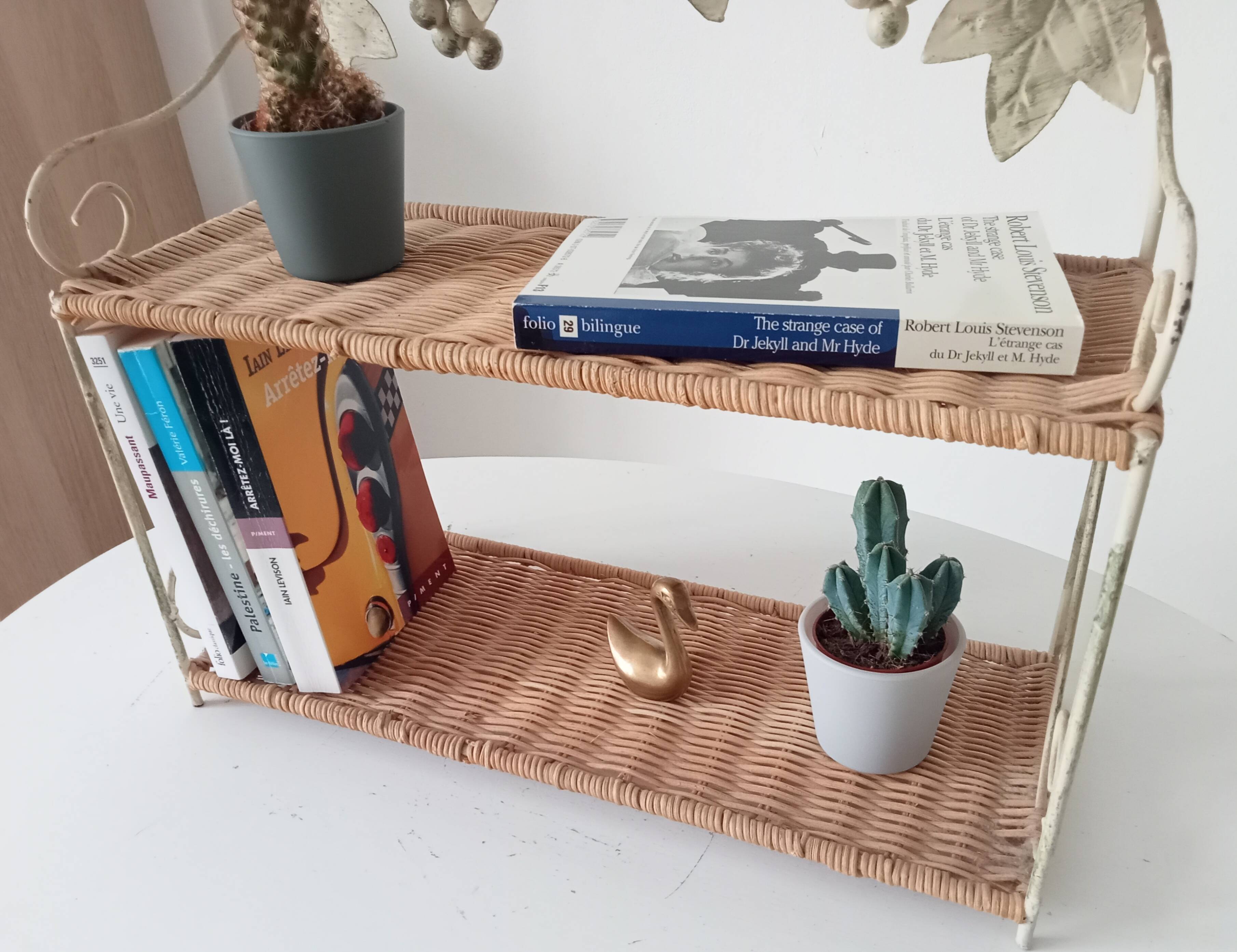 Vintage wall shelf or freestanding wicker in bohemian style.