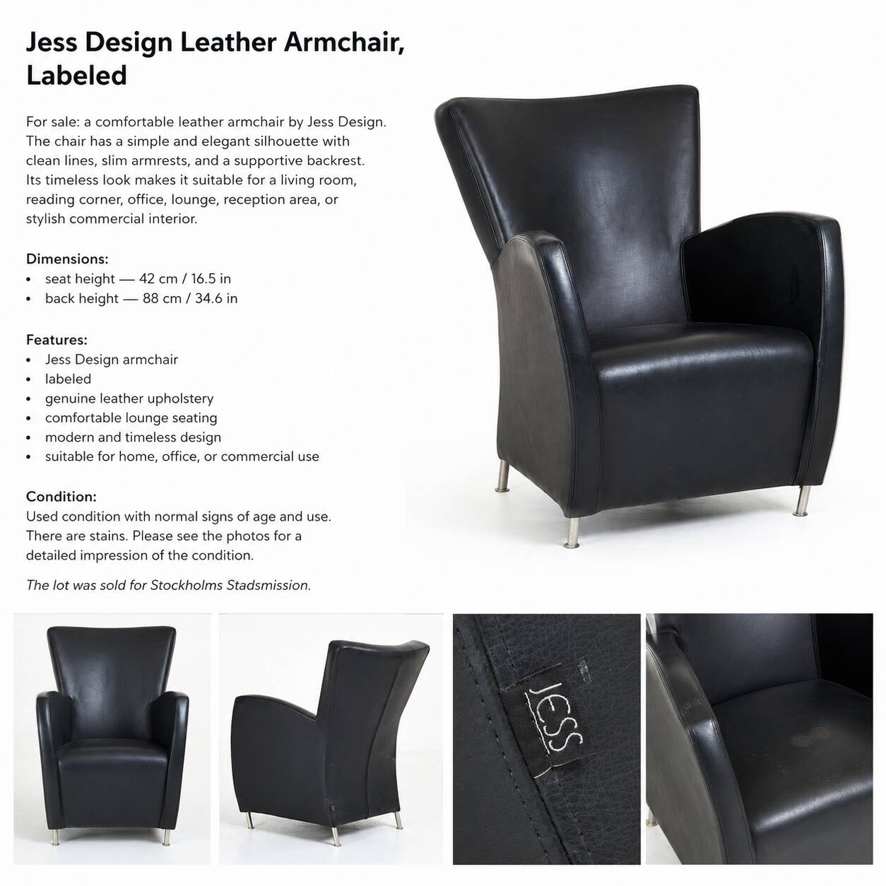 Jess Design Leather Armchair, Labeled