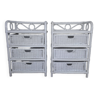 pair of chest of drawers bedside chiffonier 3 drawers white bamboo rattan vintage 1970s