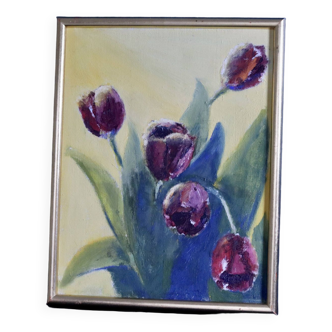 Huile sur toile moderniste suédoise originale des années 1980 « Tulipes » par Ann-Britt S - Encadrée