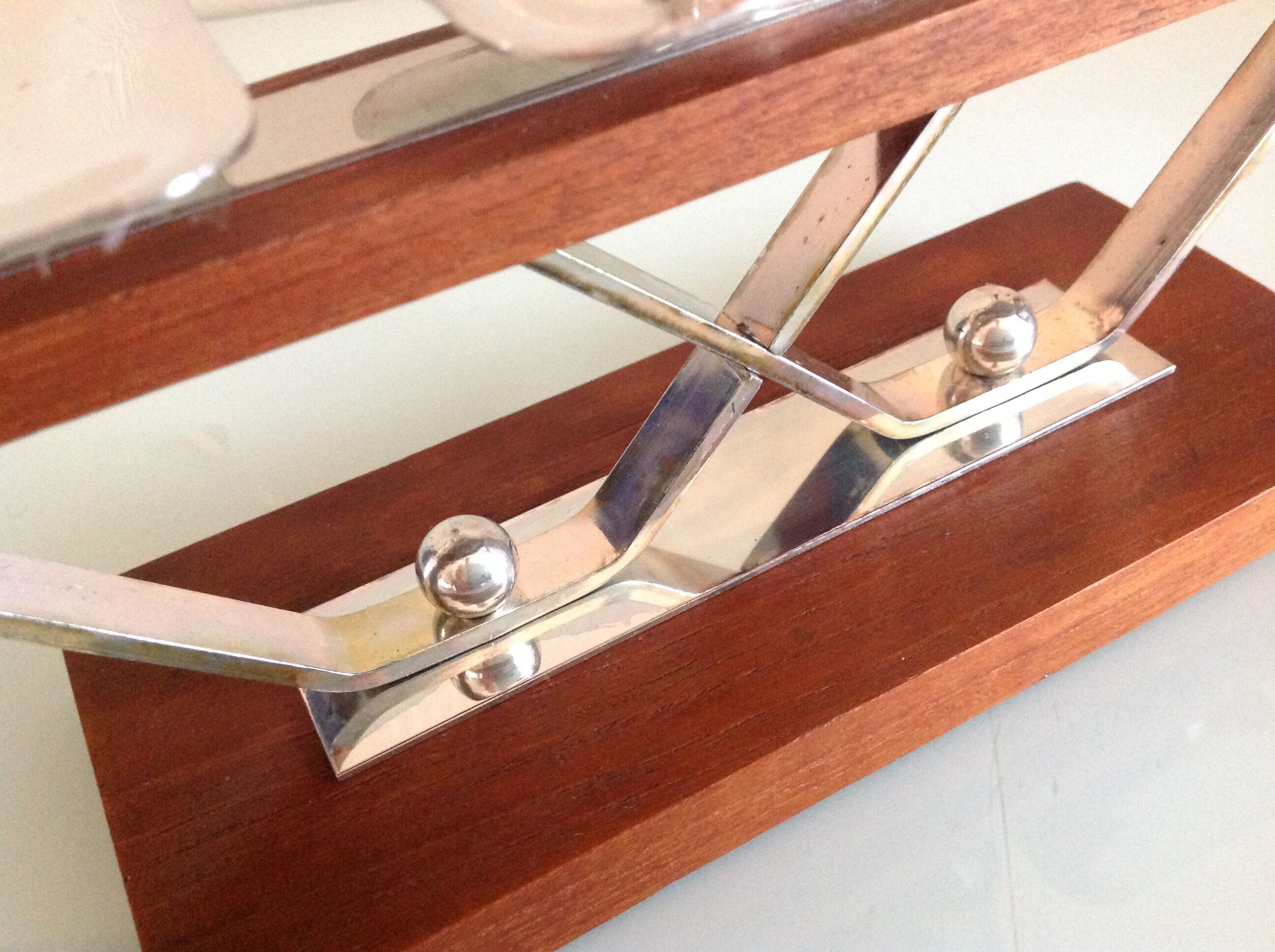 Five-head chandelier in teak and chrome metal Scandinavian style / vintage 60s-70s
