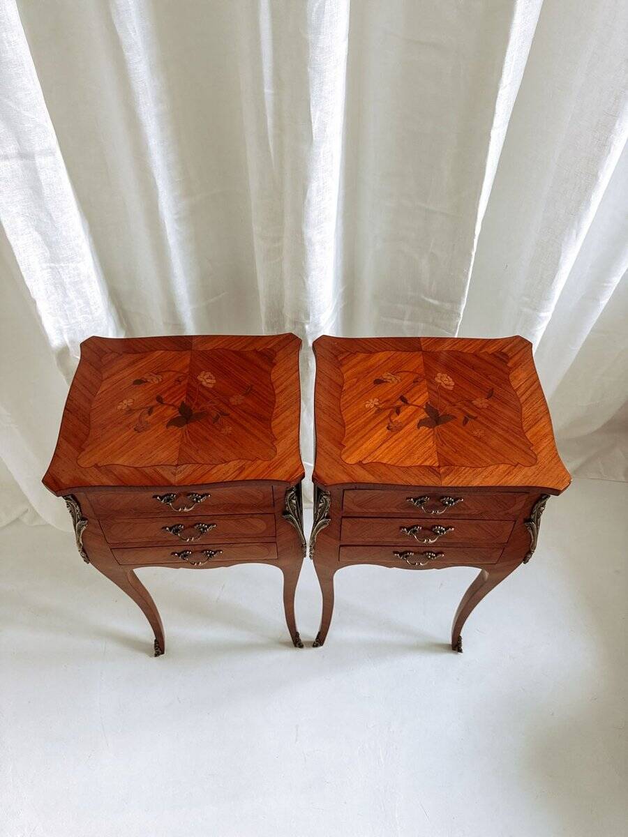 Louis XV French bedside tables with floral marquetry, 1940s, set of 2