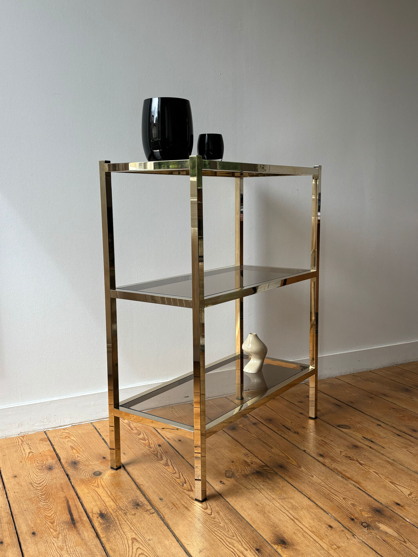Brass and smoked glass library shelves