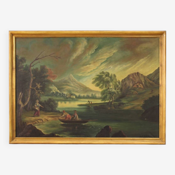 Tableau huile sur toile vue d'une rivière avec personnages