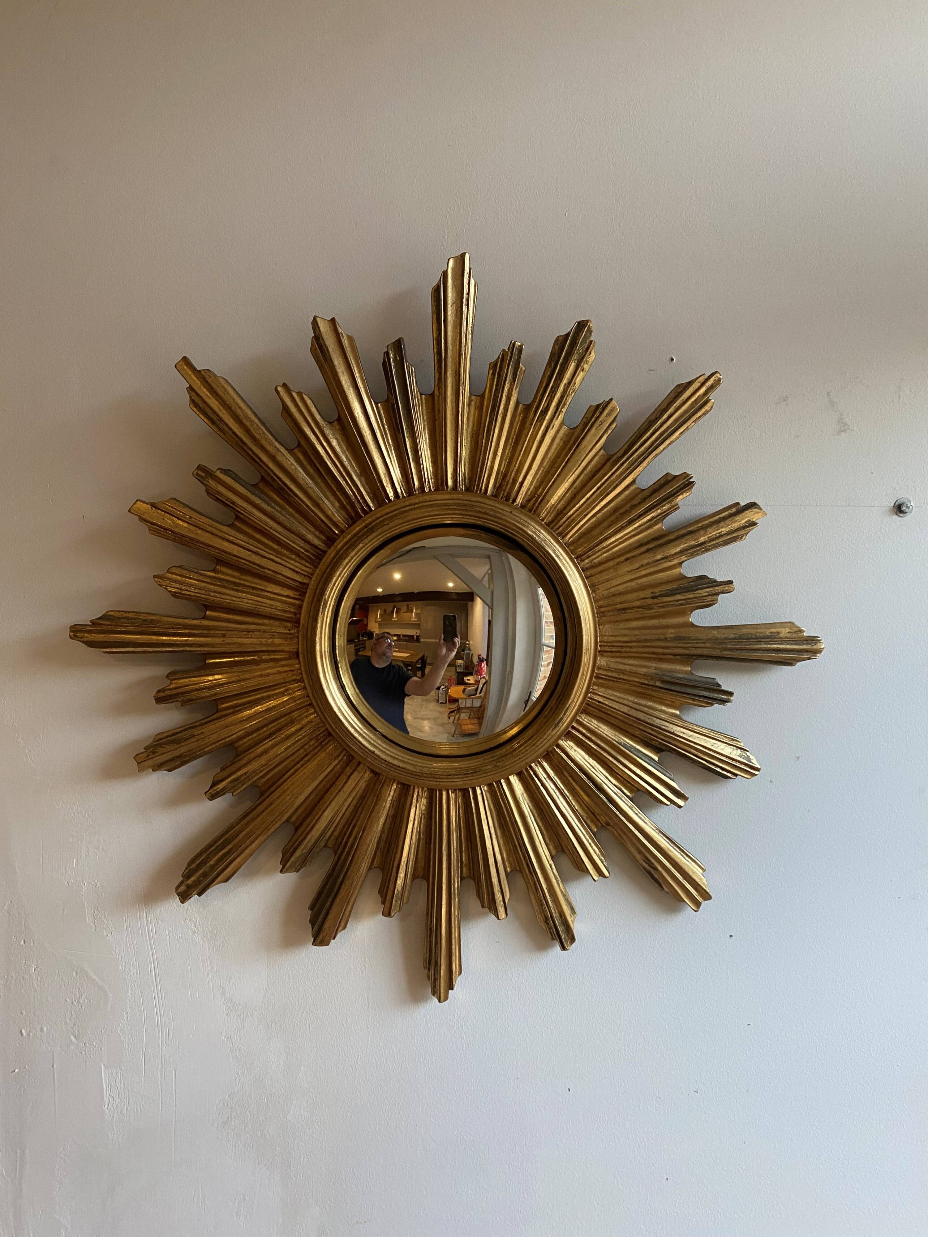 Large witch's eye sun mirror dia 52cm curved vintage 1960