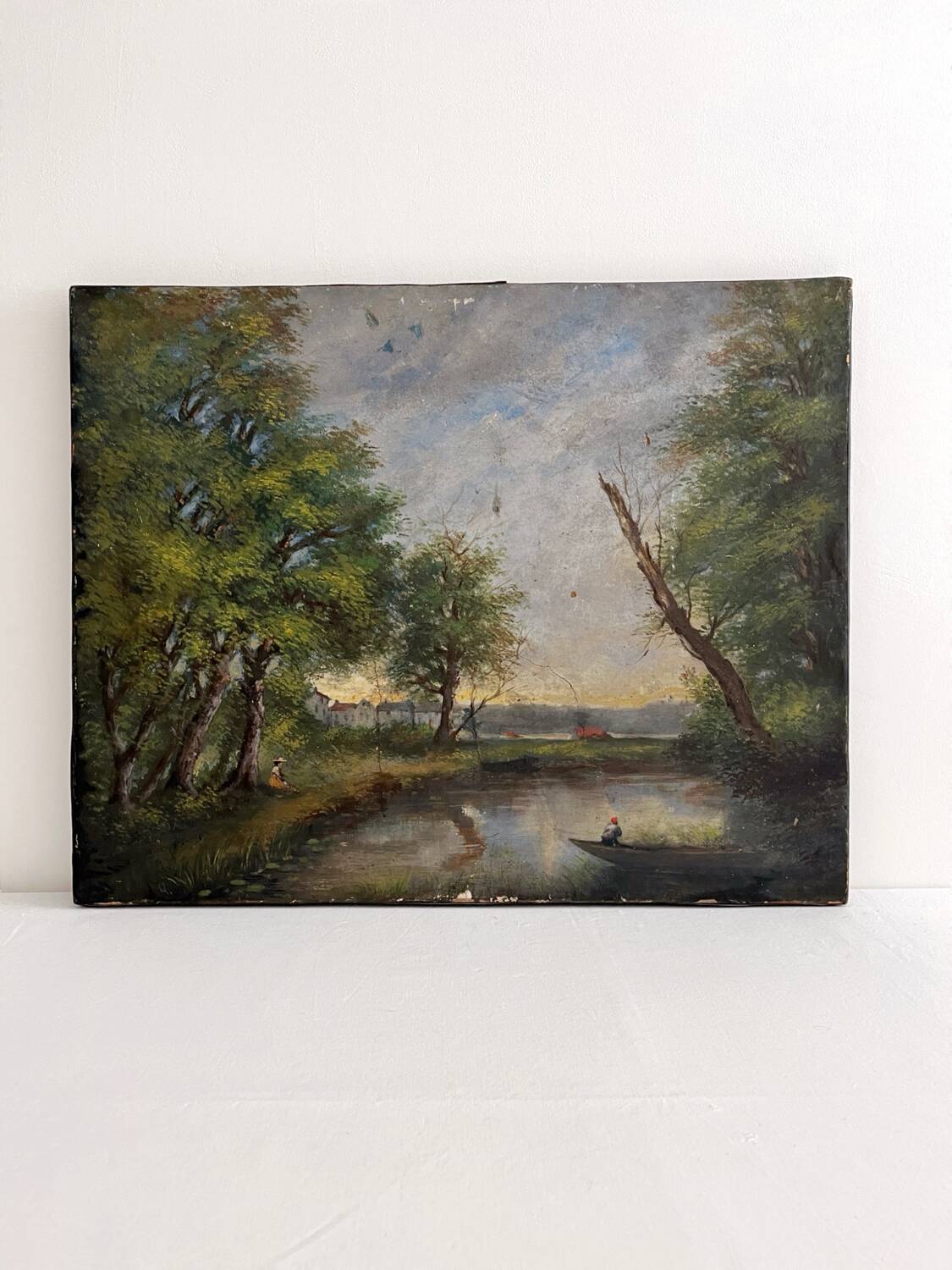 Old oil painting on canvas of a landscape by the pond.