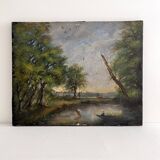 Old oil painting on canvas of a landscape by the pond.