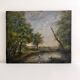 Old oil painting on canvas of a landscape by the pond.