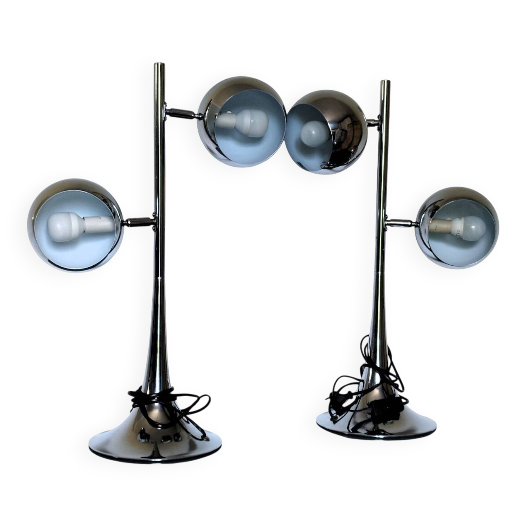 Rare vintage chrome lamps eye ball - tulip base - adjustable globes