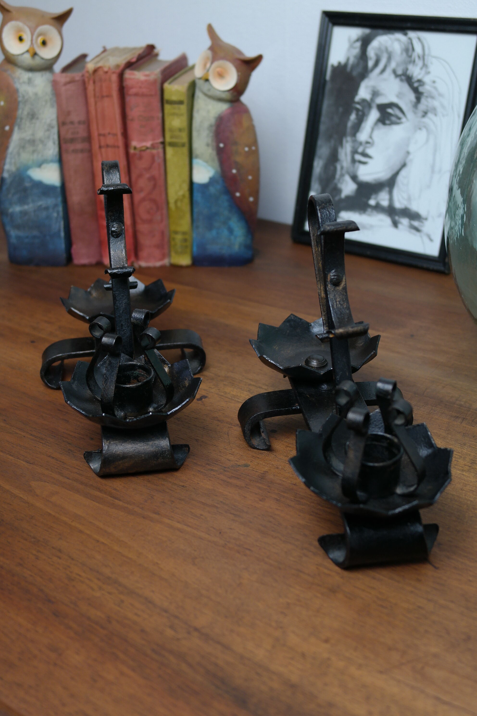 Old turned wrought iron candlesticks