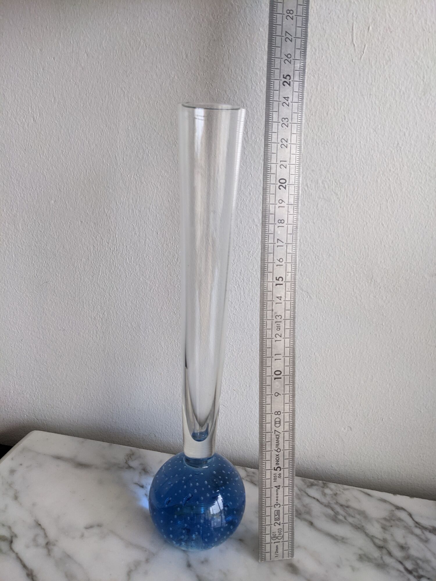 Vintage fine soliflore glass vase with blue ball in bubbled glass Murano at the base