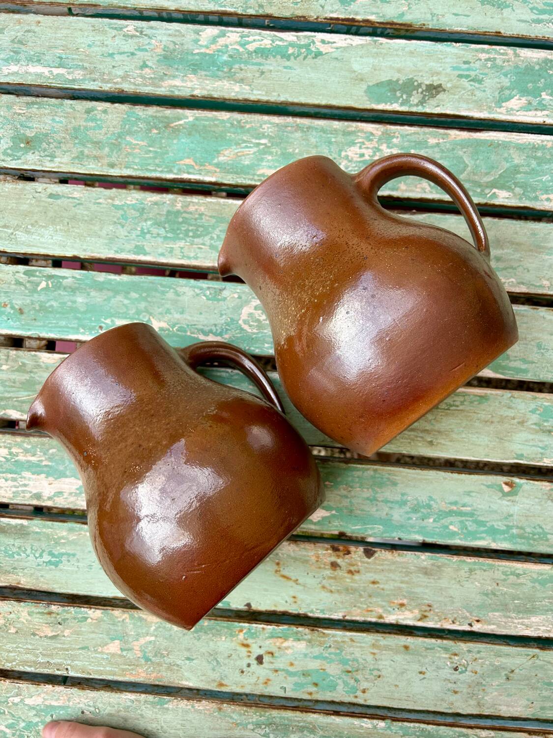 Set of 2 large vintage stoneware pitchers