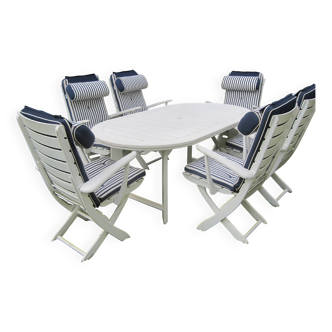Mid-Century Riviera Chairs and Folding Table by French Maker Triconfort