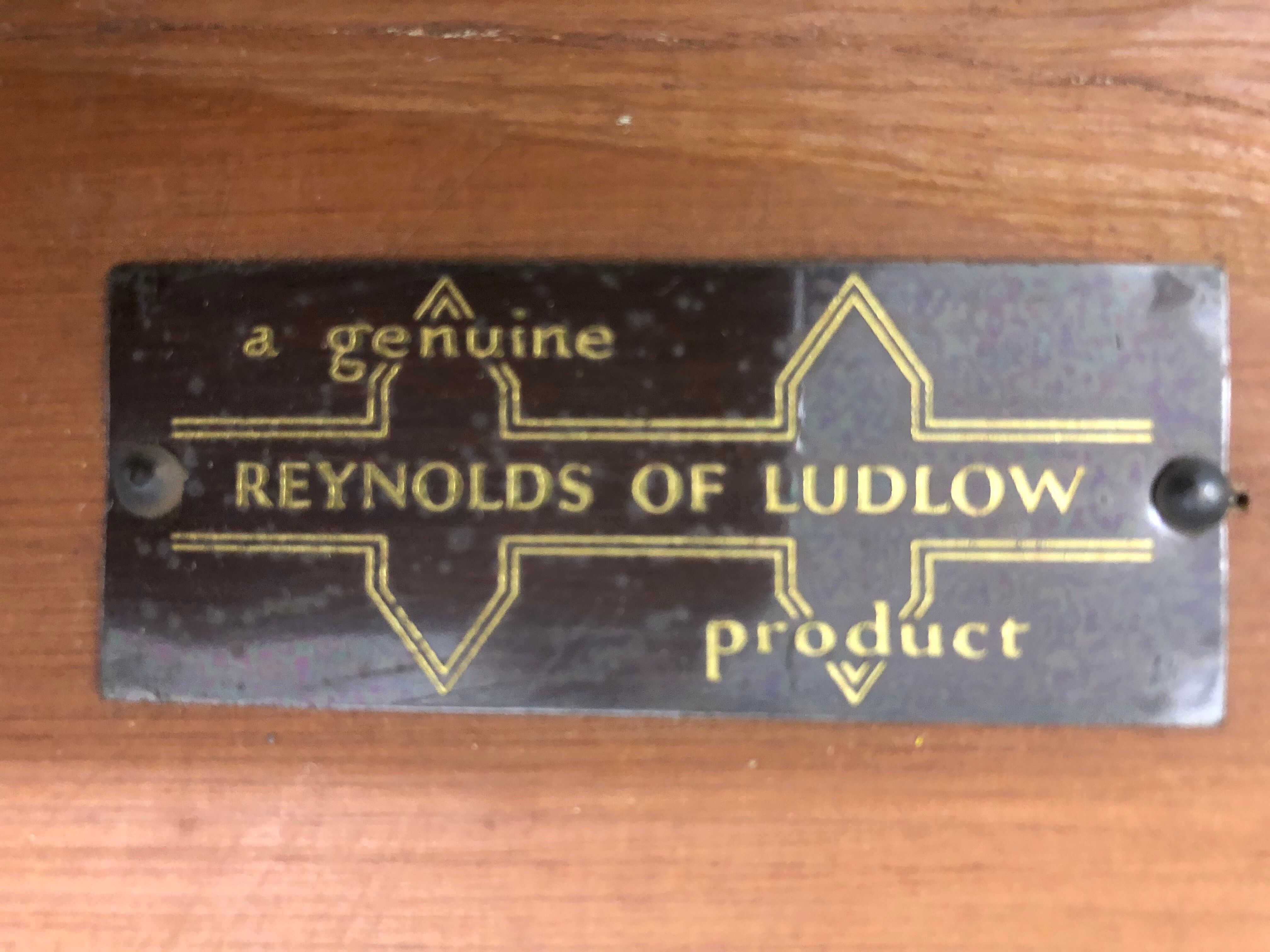 Wooden yew timbered bench stamped Reynolds of Ludlow, circa 1960
