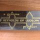 Wooden yew timbered bench stamped Reynolds of Ludlow, circa 1960