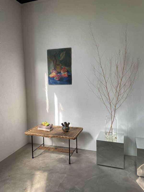 Table basse osier tressé et métal 1960