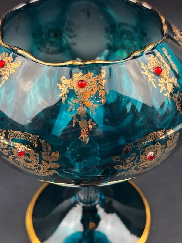 Decorative bowl in blue enamelled and gilded glass, red cabochons – height 32 cm