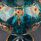 Decorative bowl in blue enamelled and gilded glass, red cabochons – height 32 cm