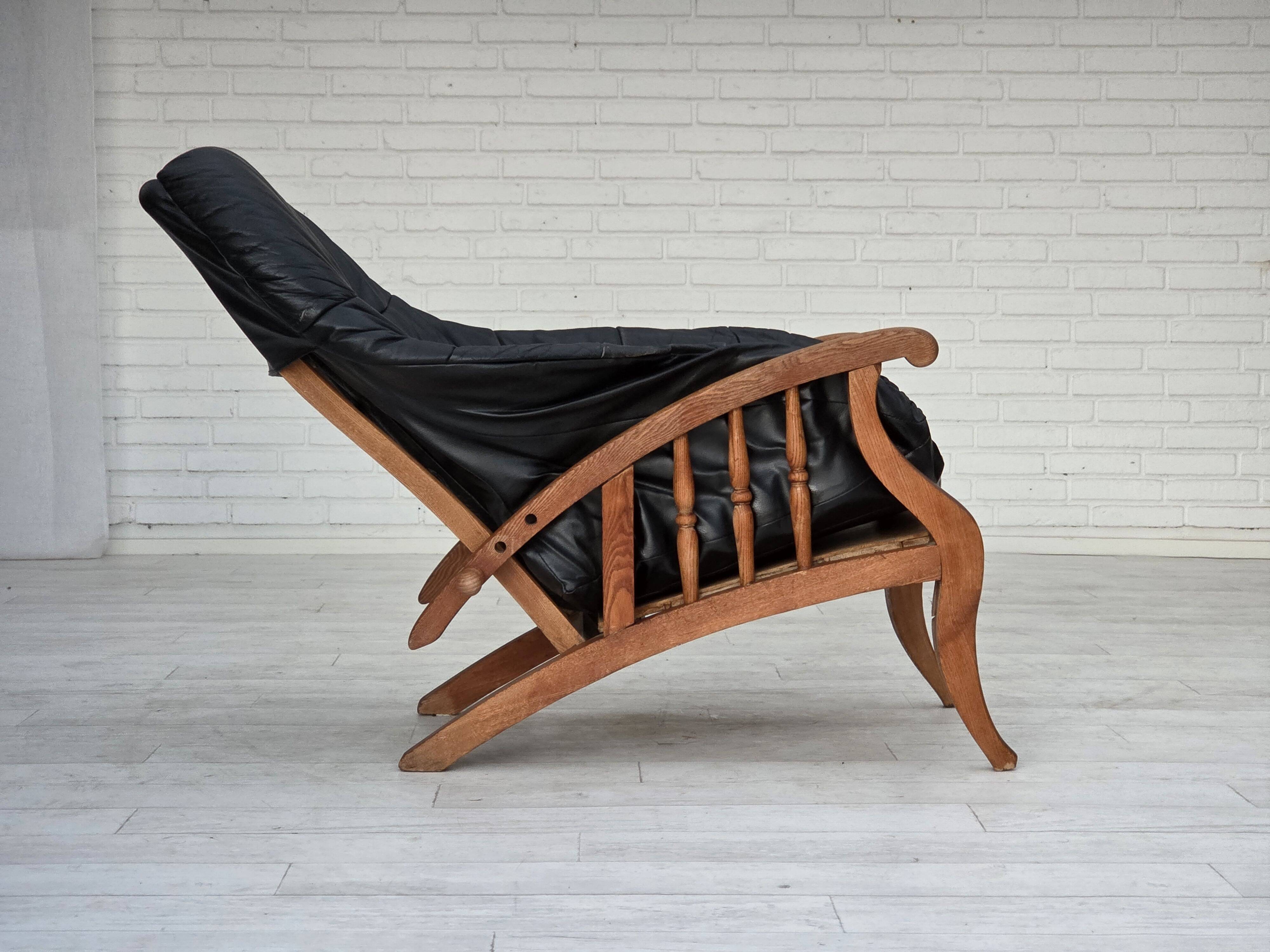 1950s, vintage adjustable armchair, black leather, ash wood.