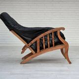 1950s, vintage adjustable armchair, black leather, ash wood.