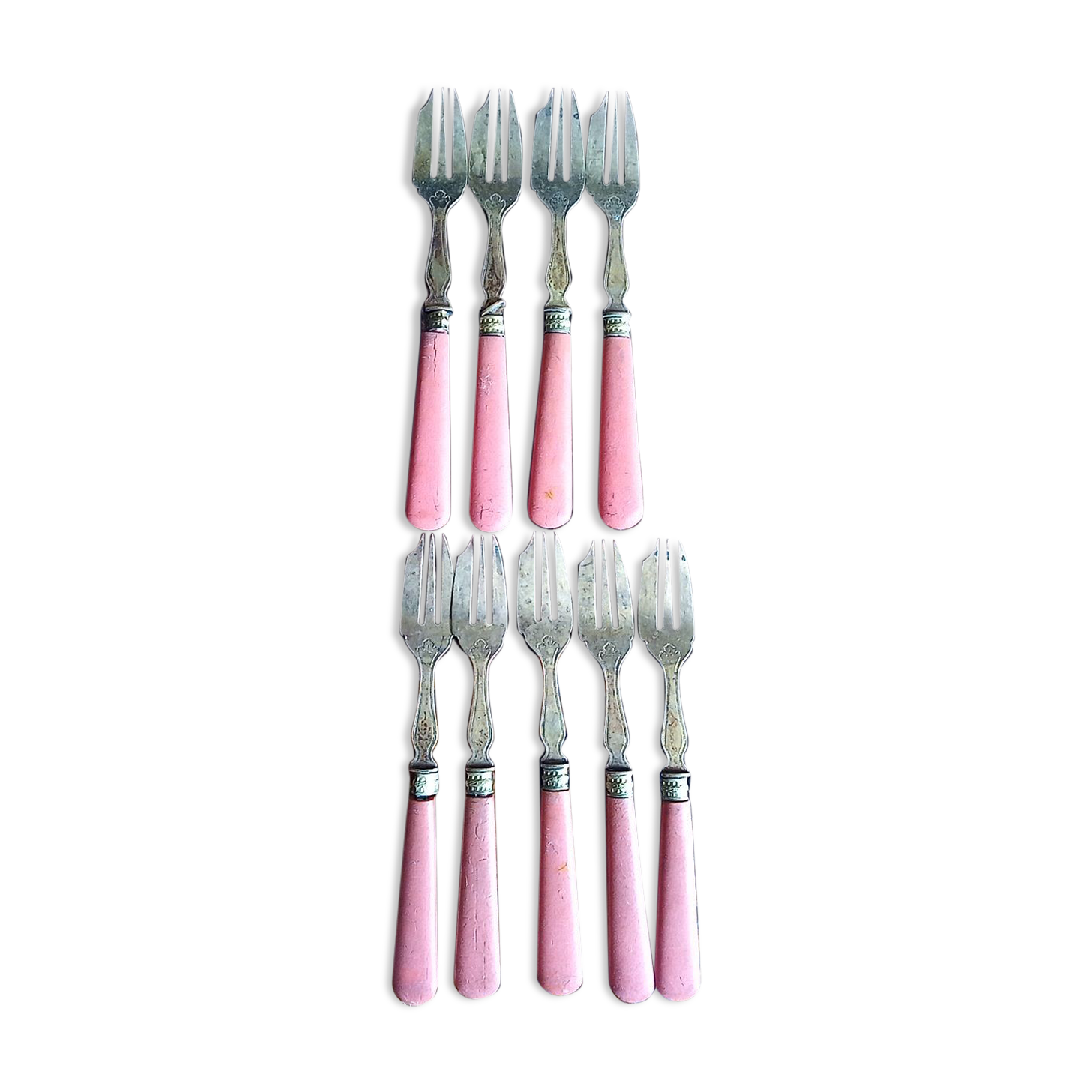 9 brass cake forks - vintage Bakelite handle