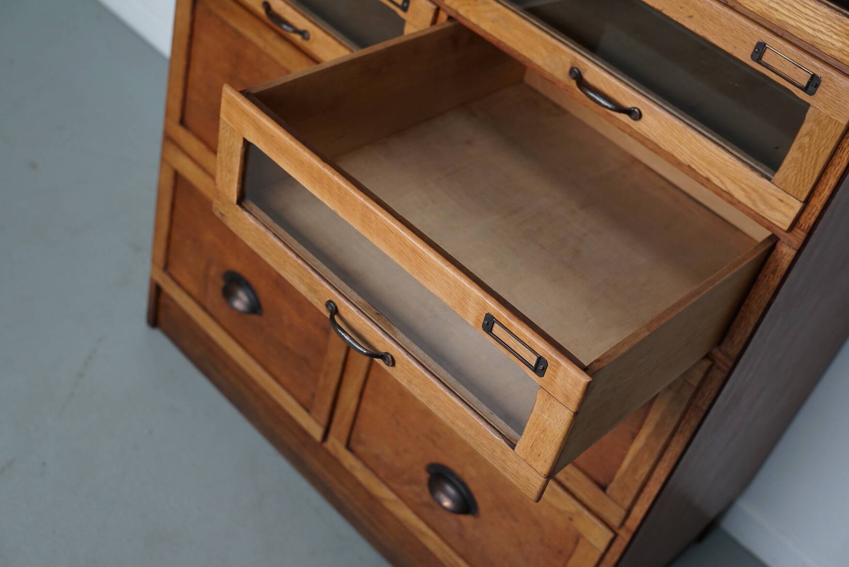English Haberdashery Shop Cabinet with Glass Fronted Drawers, Circa 1930s