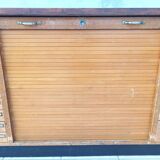 Workshop furniture with drawers and curtain in beech and walnut.