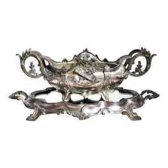 Jardinière française en métal argenté avec plateau miroir – Ensemble