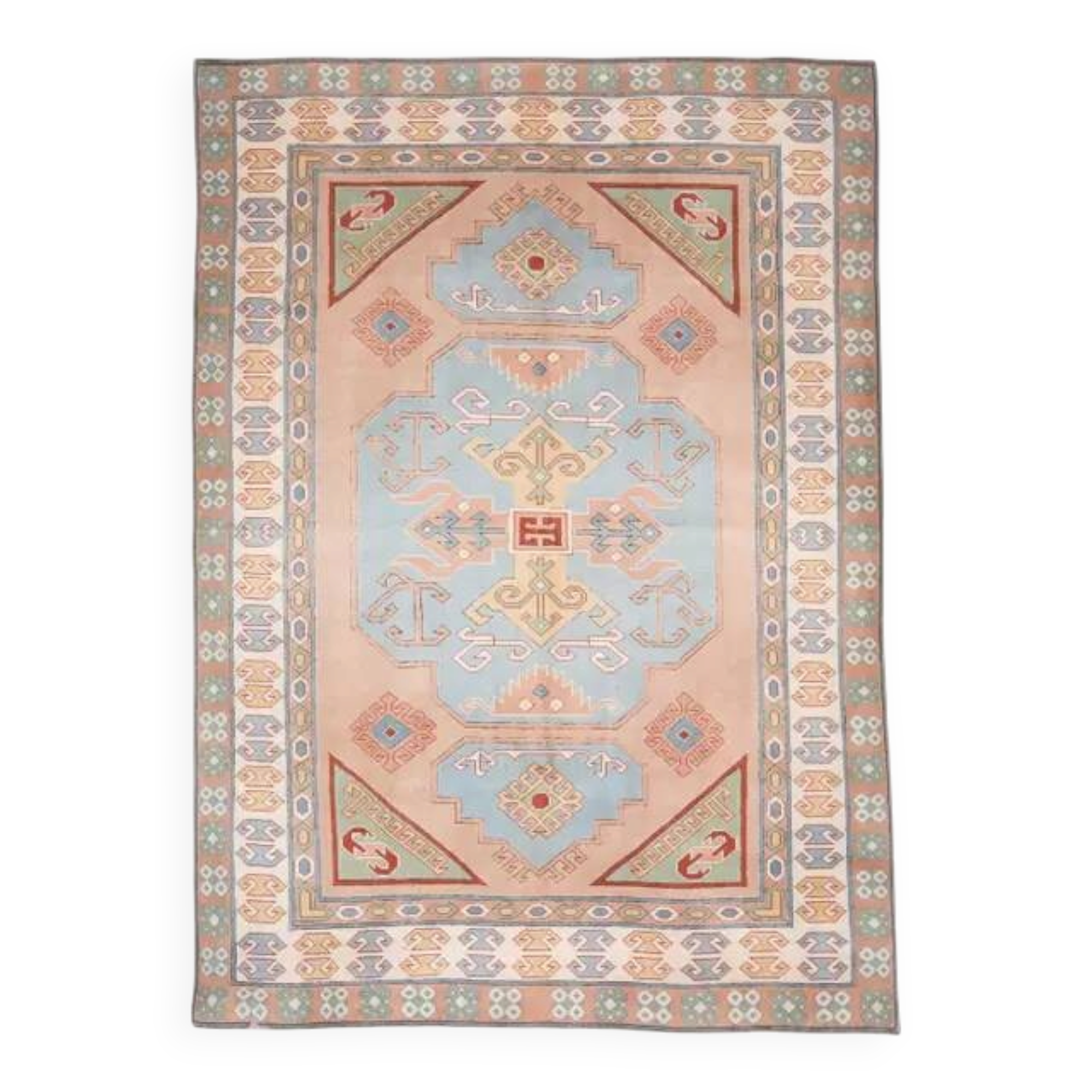 1970s Vintage Turkish Oushak Handmade Wool Cotton Blue Area Rug 220x310