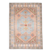 1970s Vintage Turkish Oushak Handmade Wool Cotton Blue Area Rug 220x310