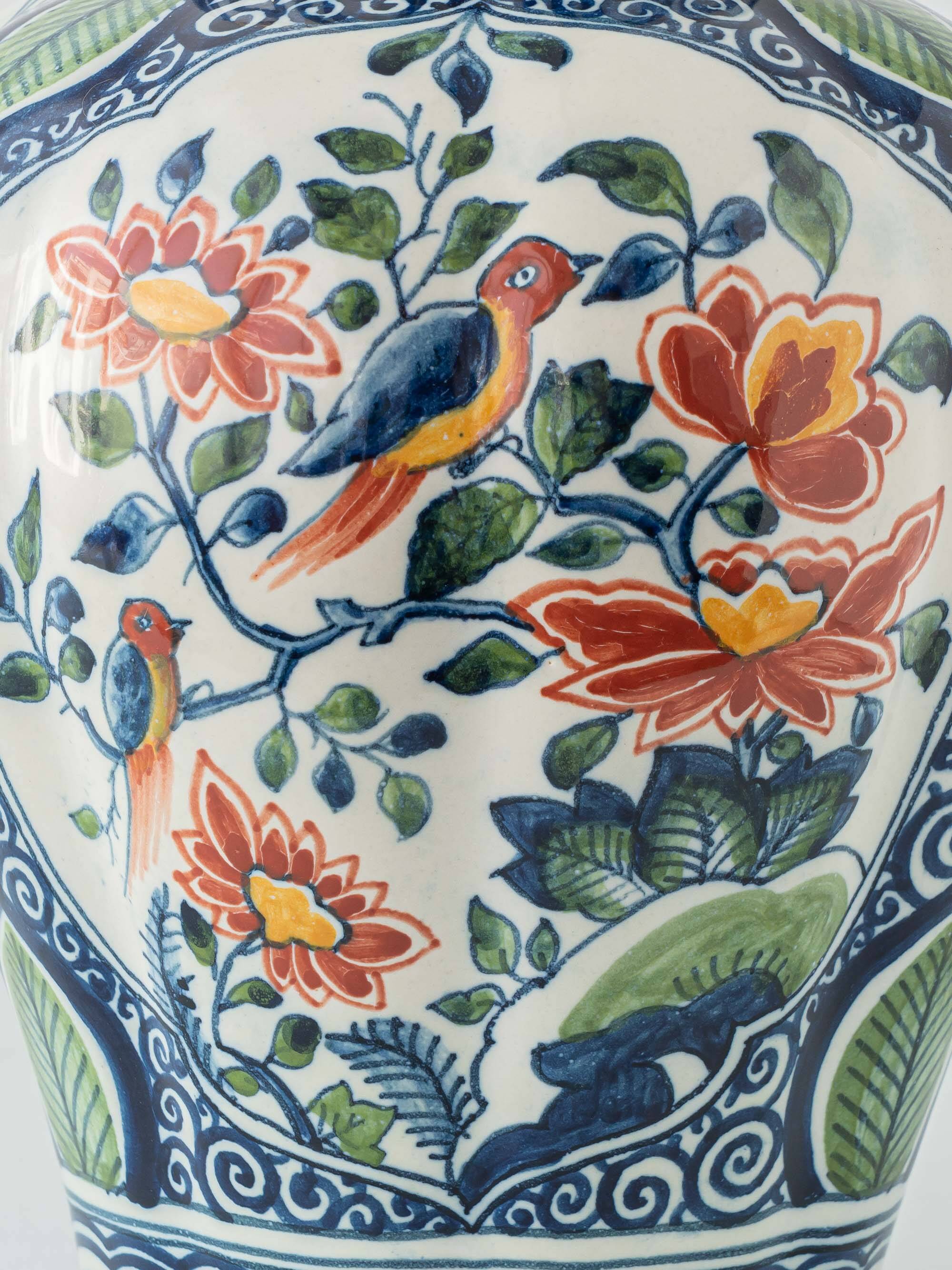 Delft Polychrome Chinoiserie Table Lamp, Tichelaar Makkum, New Silk Shade