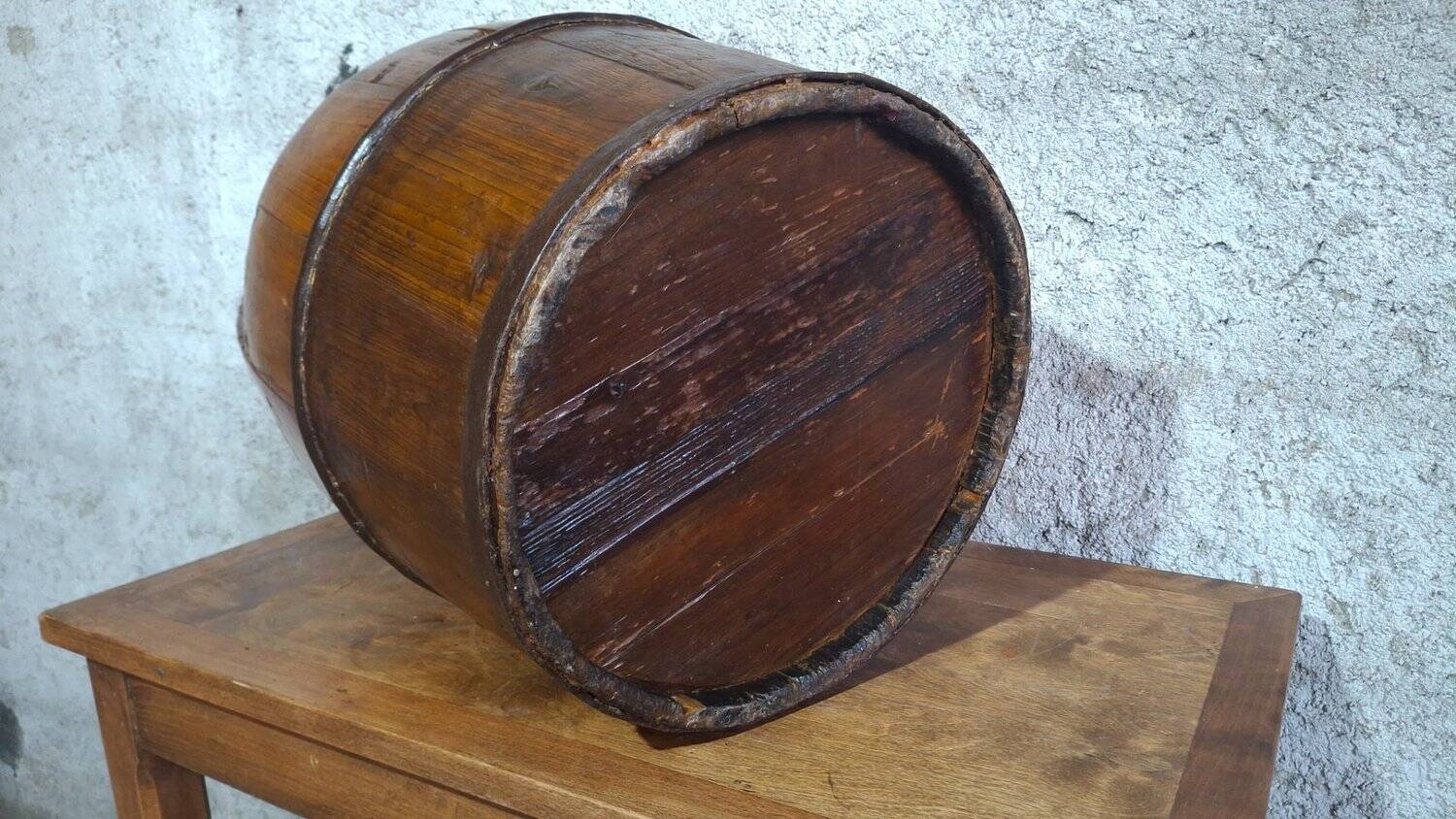 Old wooden well bucket with wrought iron bands – Late 19th century