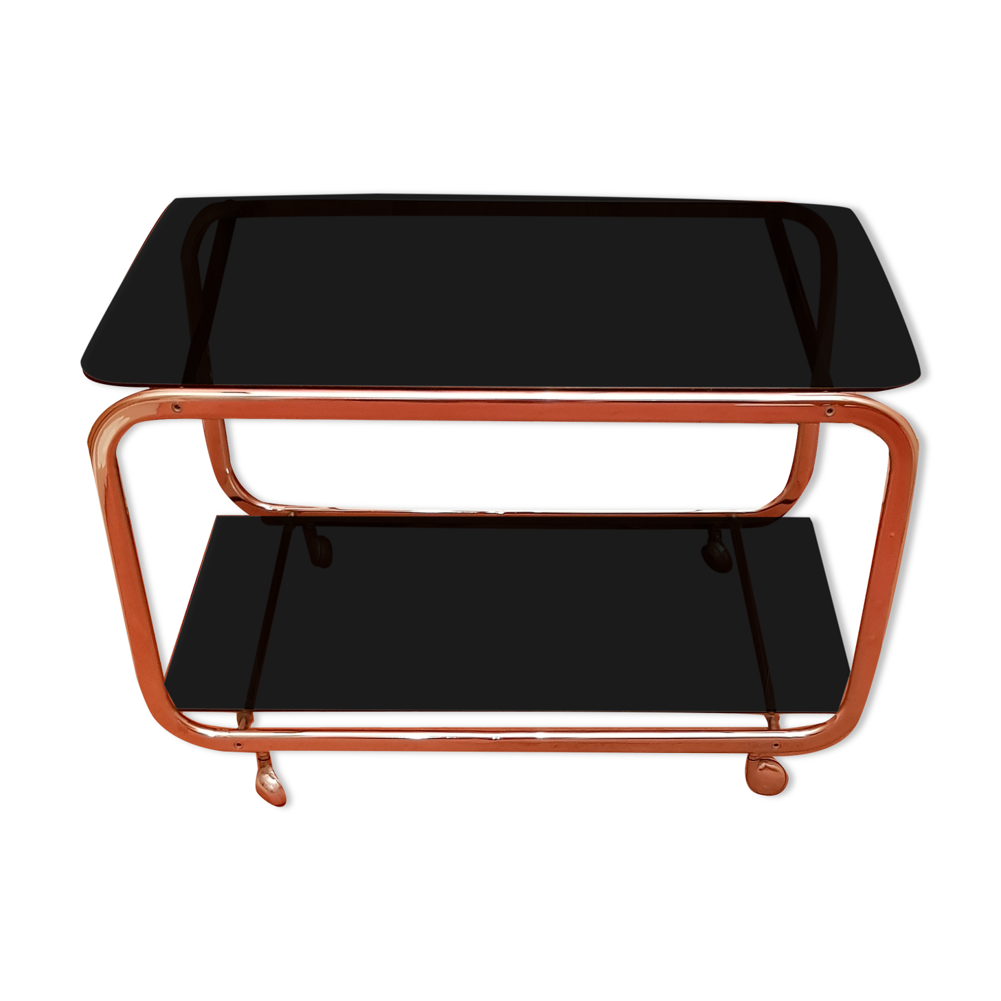 Coffee table with wheels and its two shelves give a smoked