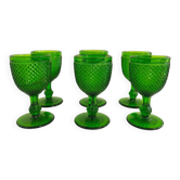 Six green glass wine glasses, Marinha Grande (IVIMA), diamond point.