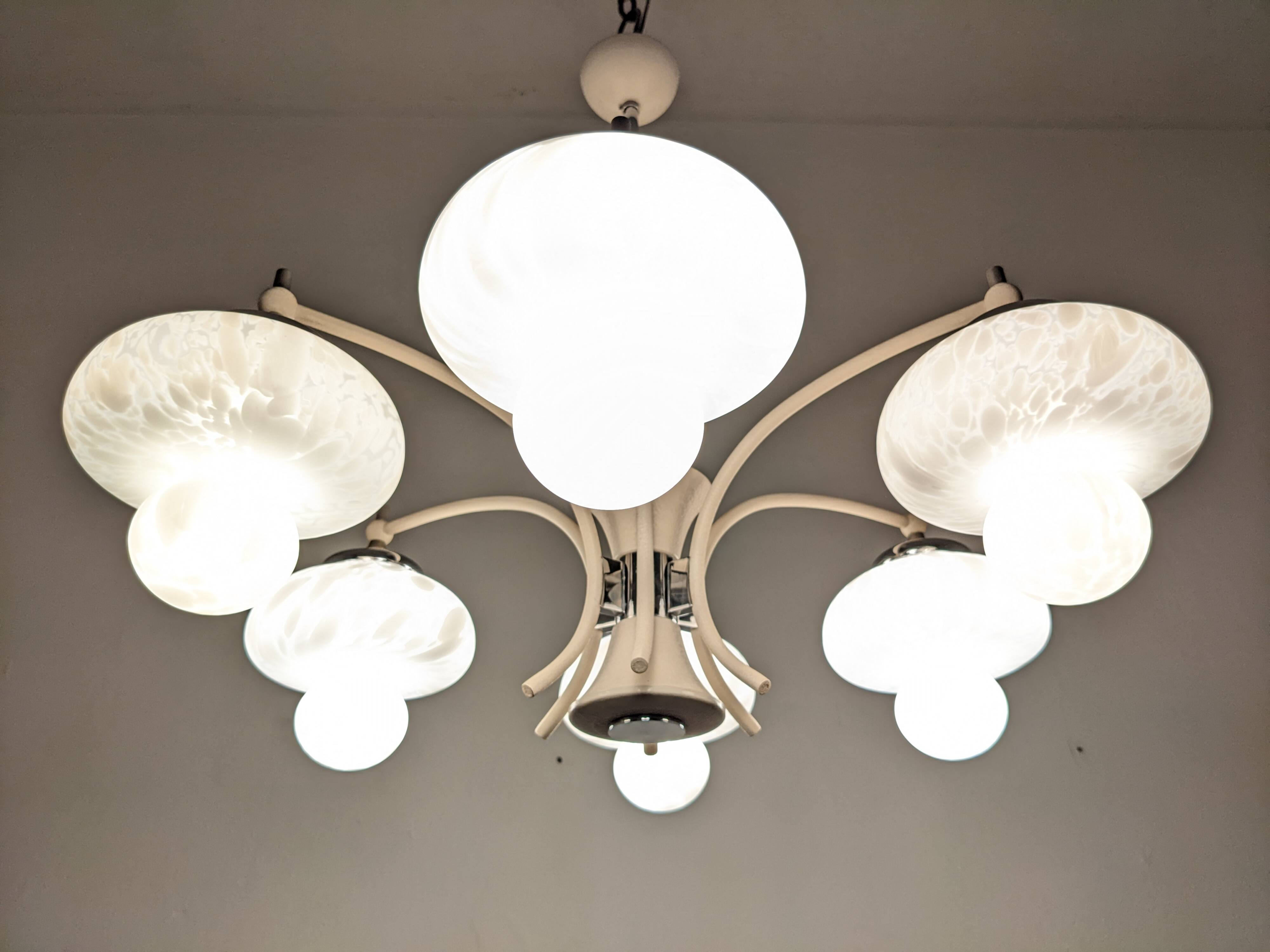 Space age chandelier with 6 frosted glass lights, Eastern Europe circa 1950.