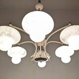 Space age chandelier with 6 frosted glass lights, Eastern Europe circa 1950.