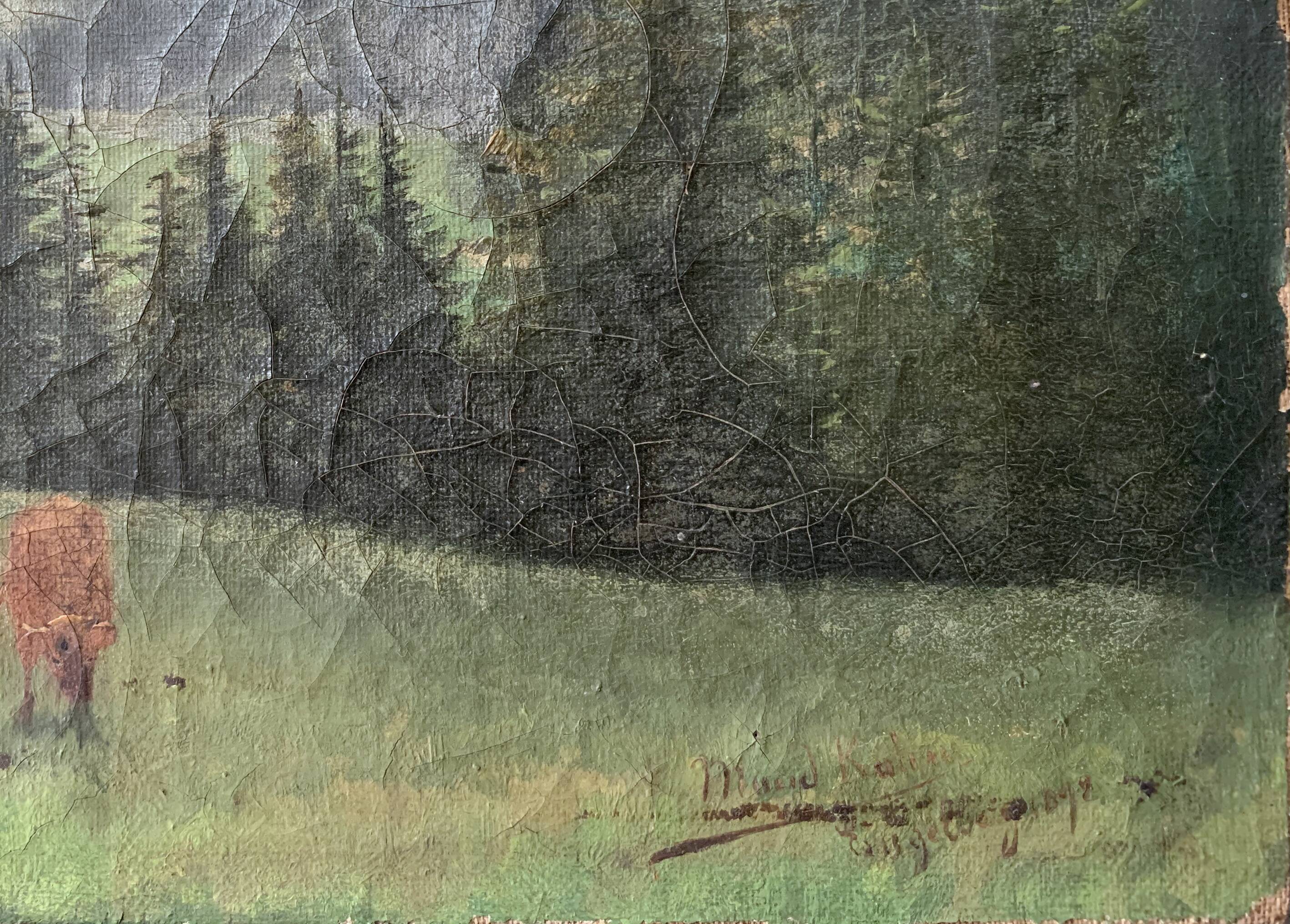 Painting mountain landscape, cows, small cottage...
