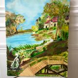 Oil painting on canvas river and pontoon signed