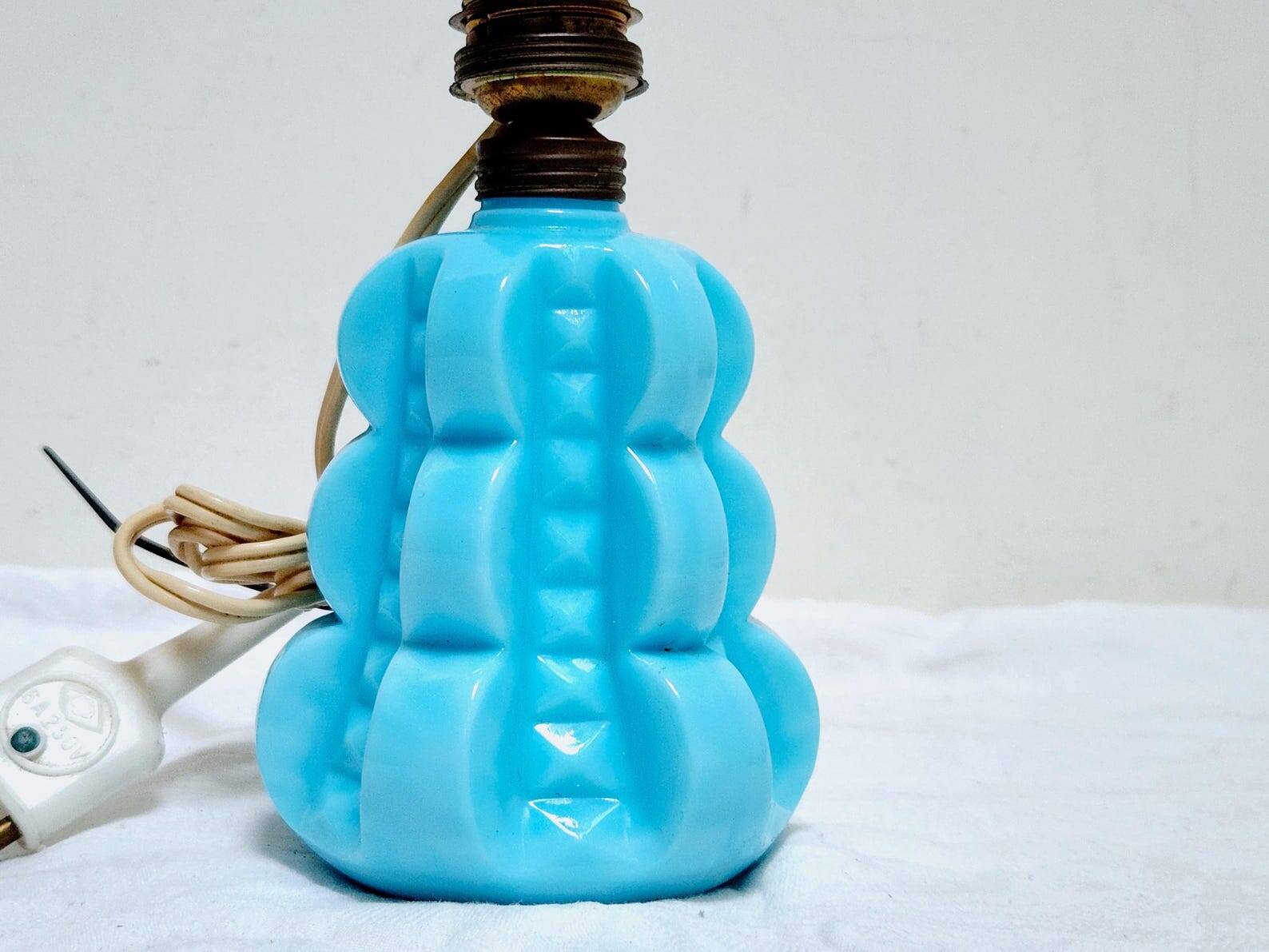 French 1950s Bale Shape Blue Opaline Glass Lamp Bulbous Gourd Cotton Bale