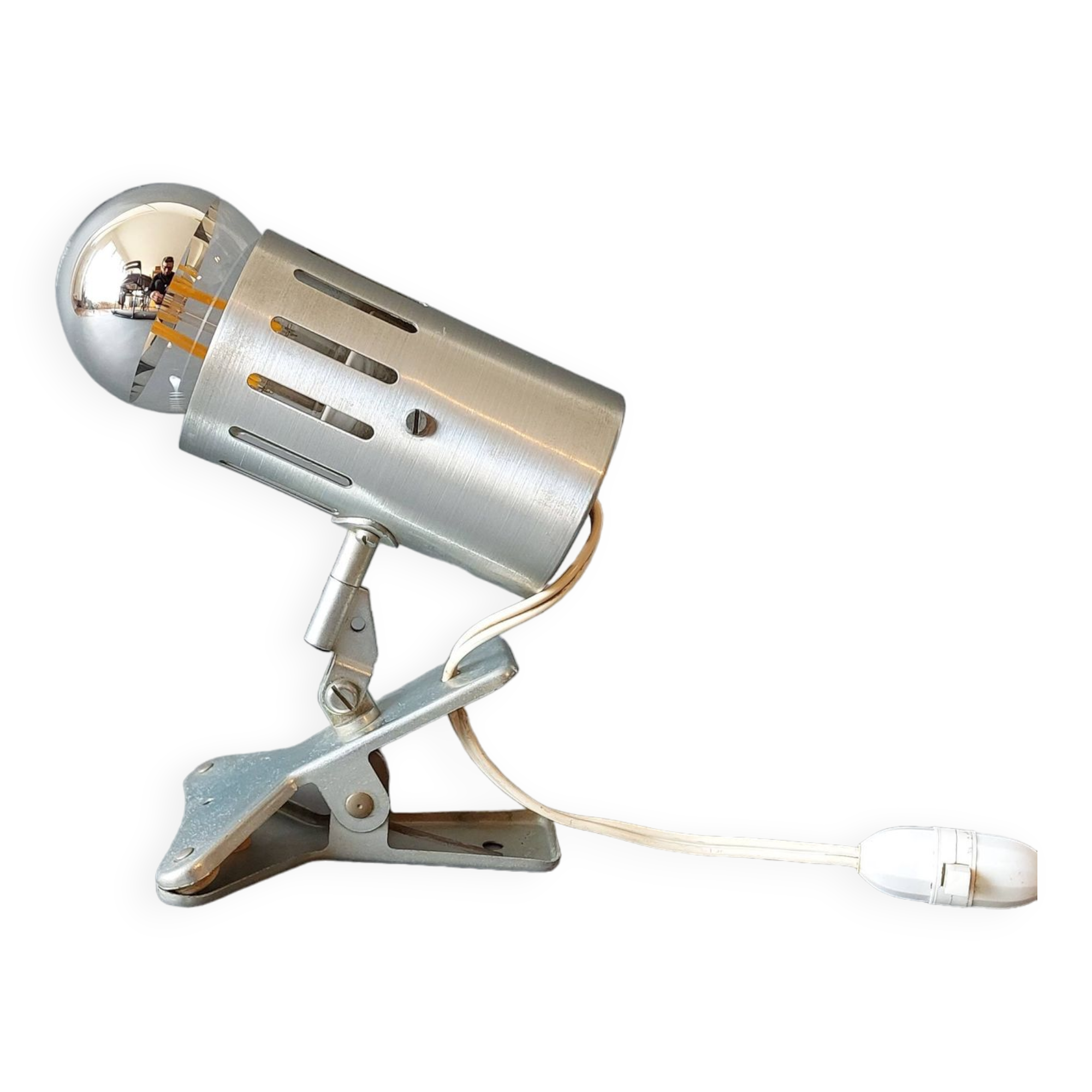 Vintage 1960 brushed aluminum clamp spotlight.