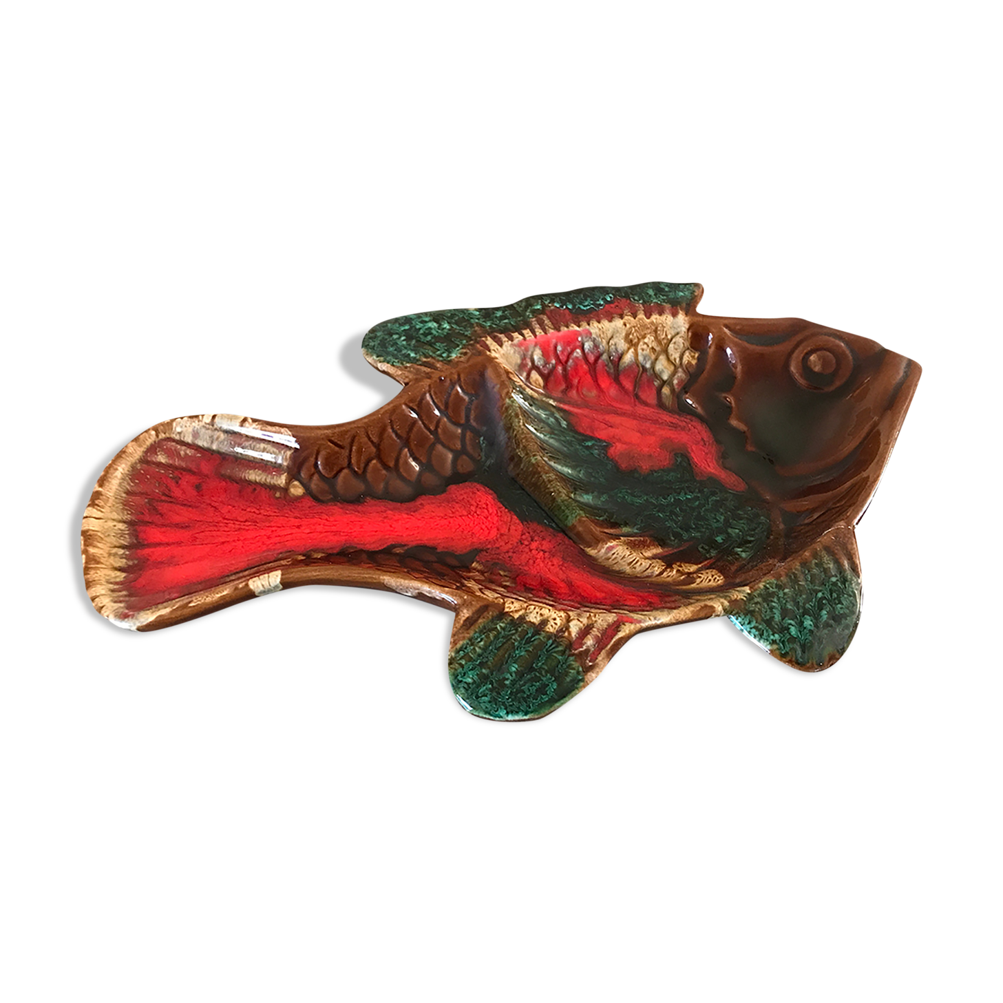 Dish with compartments for aperitif in Vallauris ceramic, vintage fish shape, 34 cm