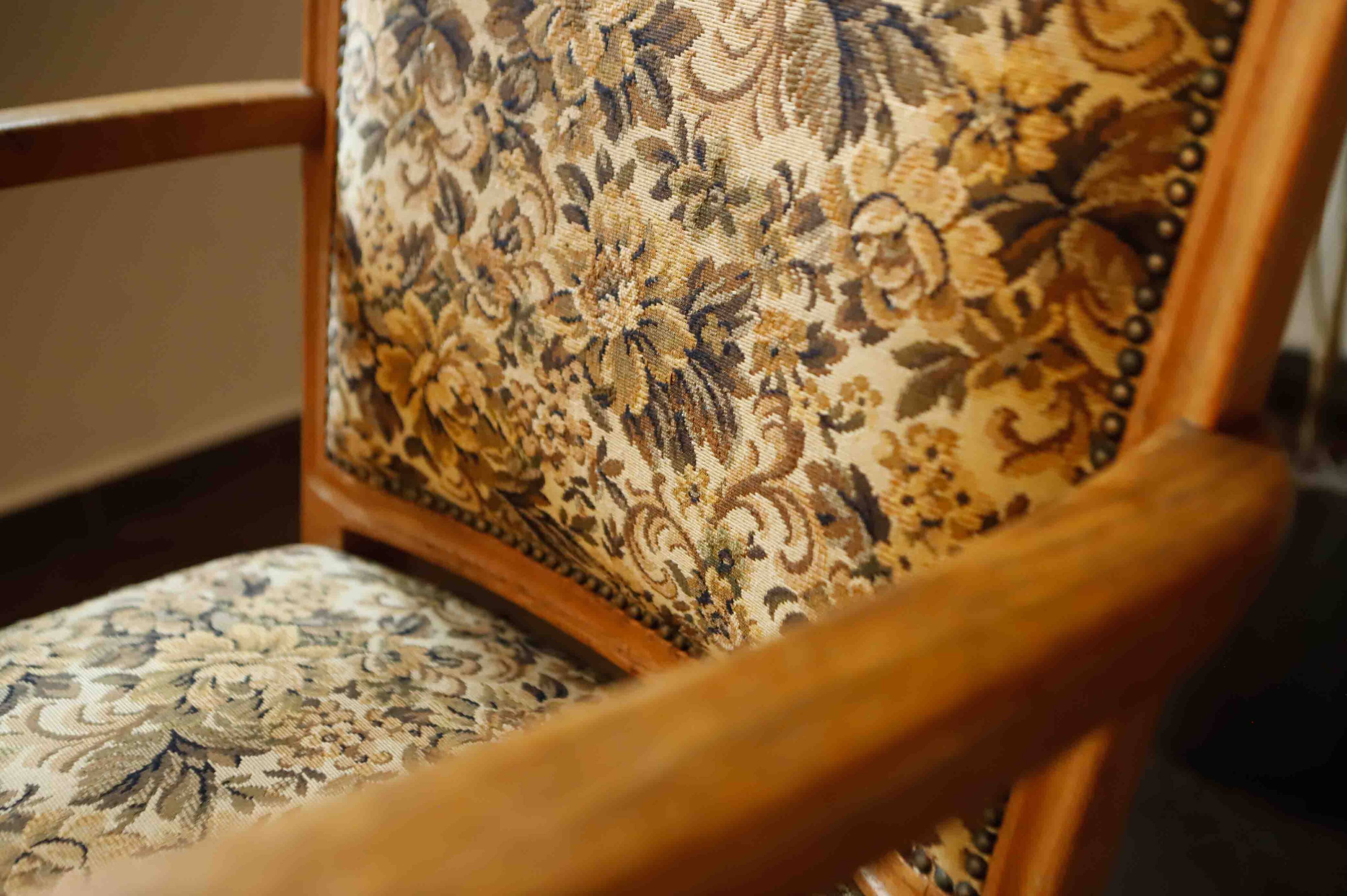 Vintage Salon Armchair with Floral Tapestry Upholstery and Scroll Armrests
