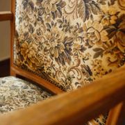 Vintage Salon Armchair with Floral Tapestry Upholstery and Scroll Armrests