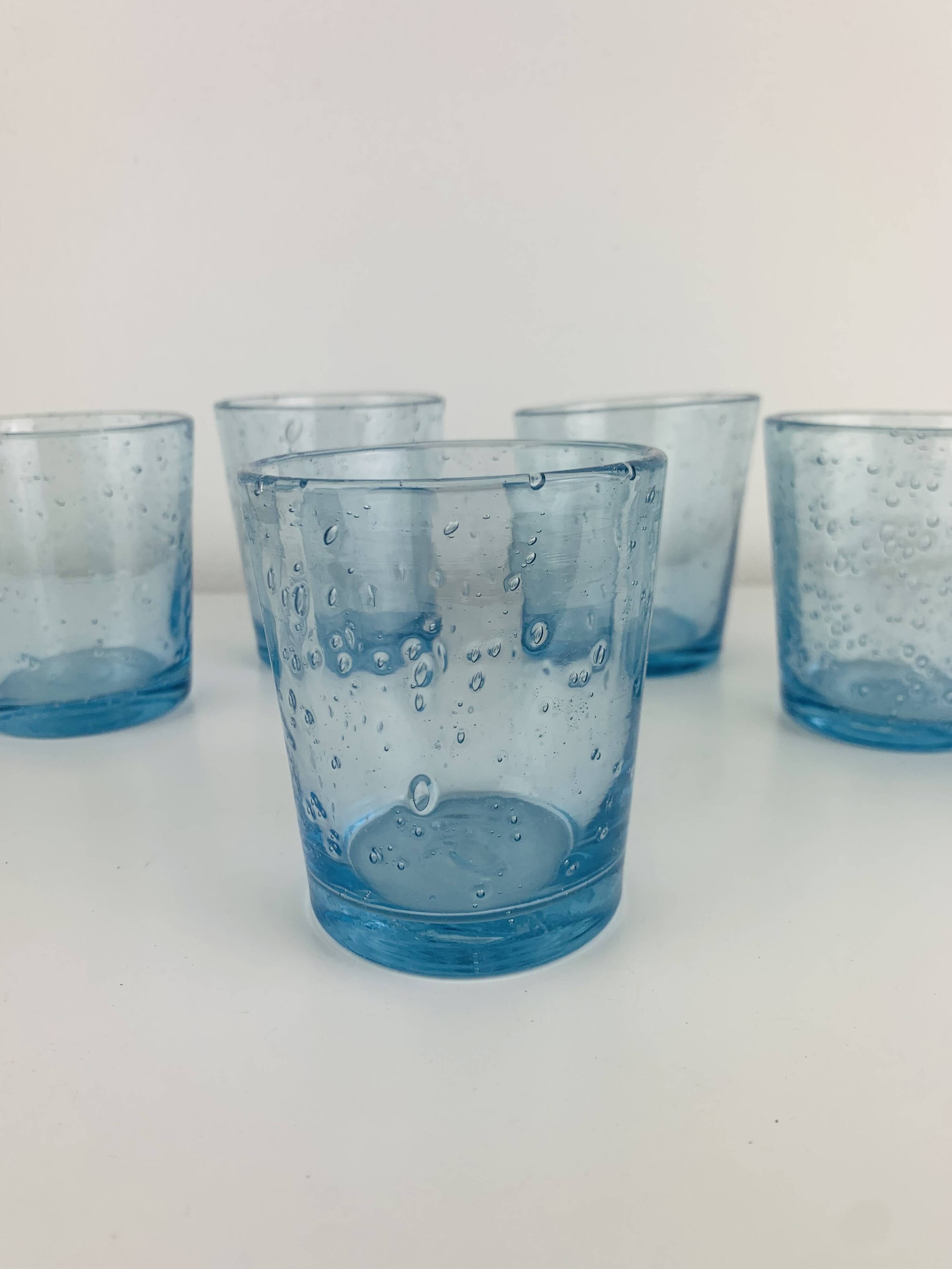 6 vintage blue bubble glass water glasses from Biot.