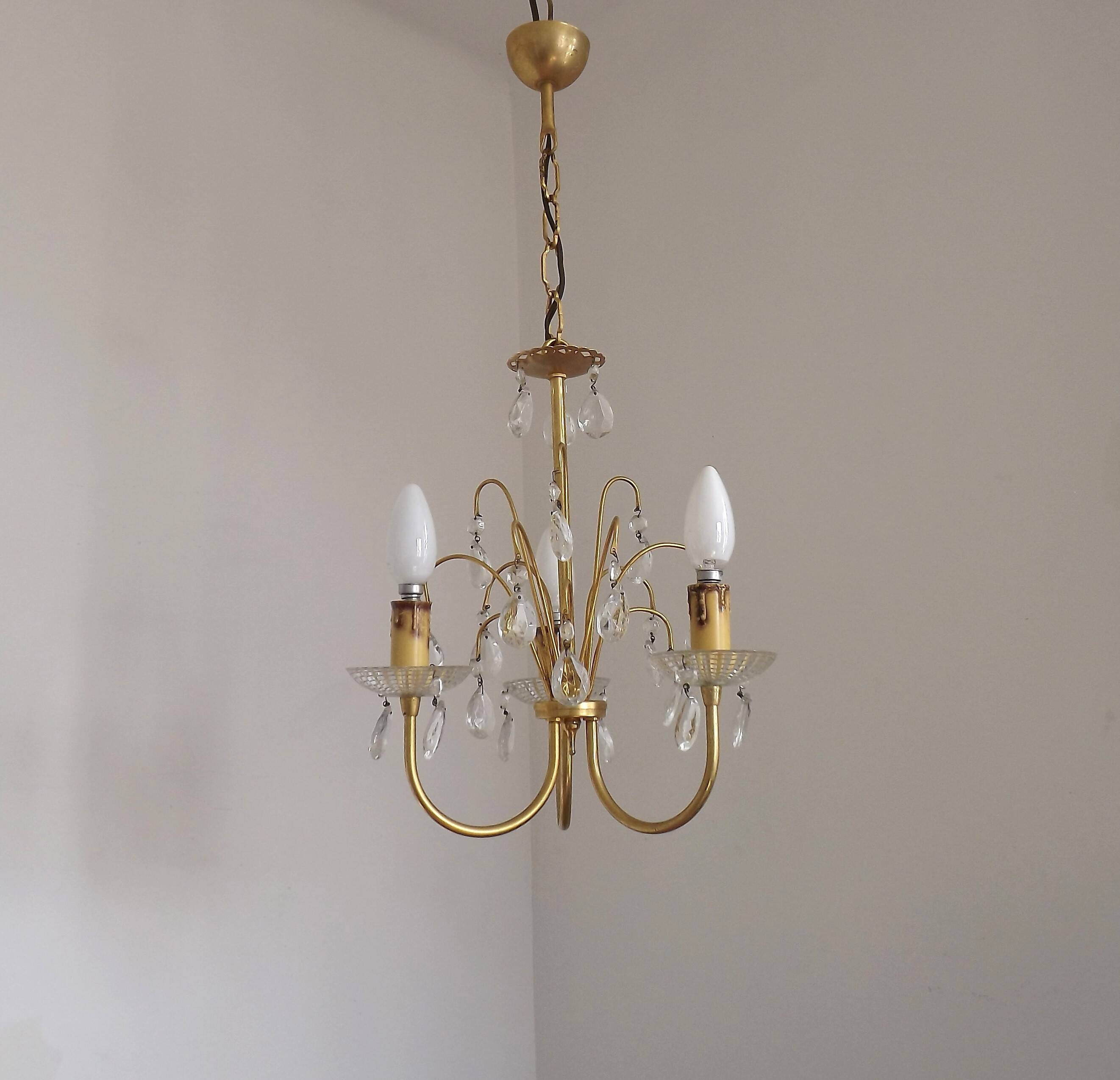 French Vintage Gold Effect Metal-Crystal 3 Light Chandelier Glass Bobeches