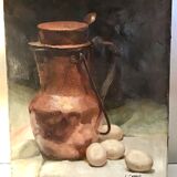 Still life with milk pot and eggs, signed, 20th century