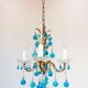 Lustre italien en metal doré avec des gouttes cristal Murano bleu turquoise