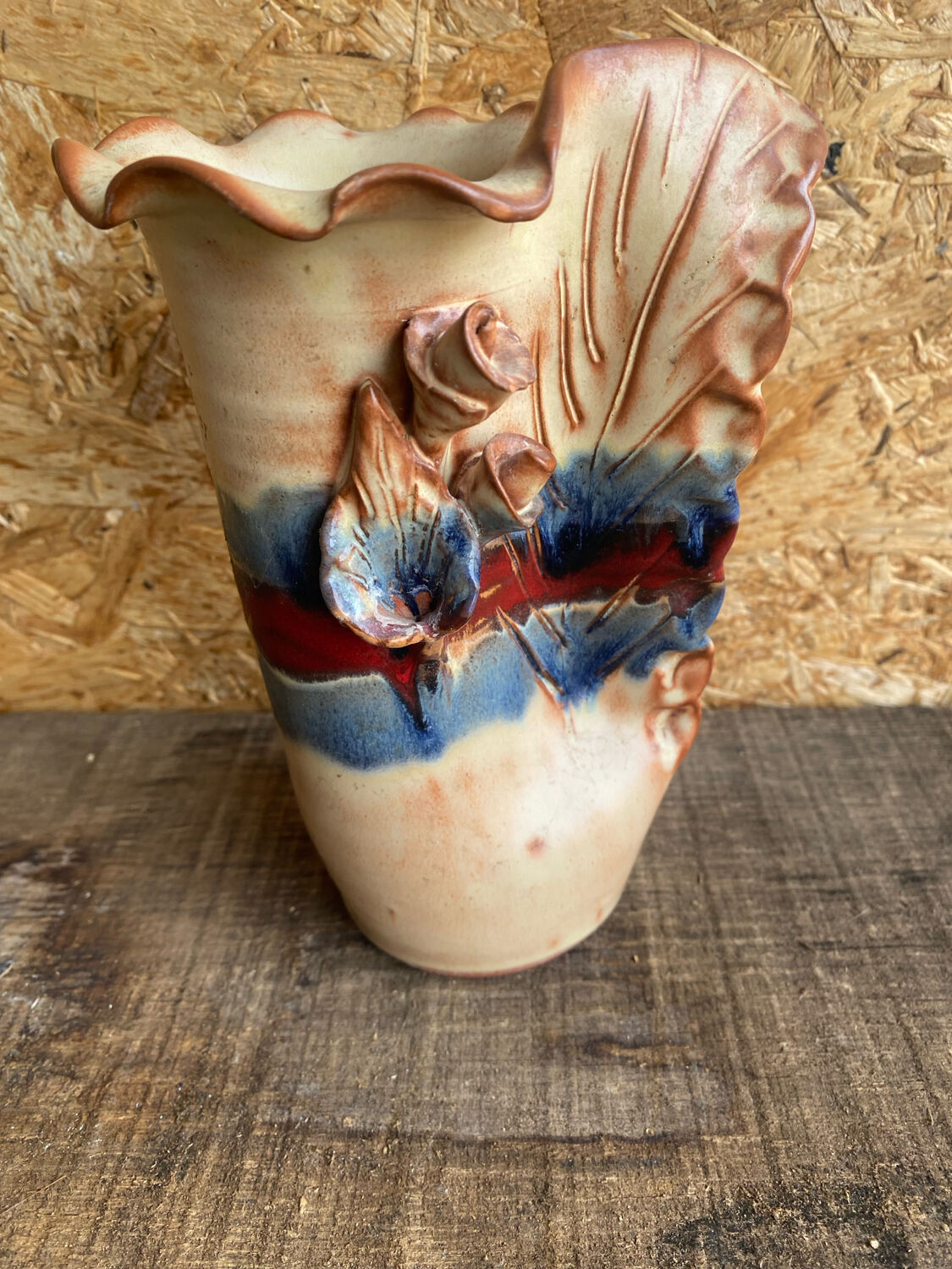 Vintage Beige Glazed Terracotta Vase with Relief Flower Decoration